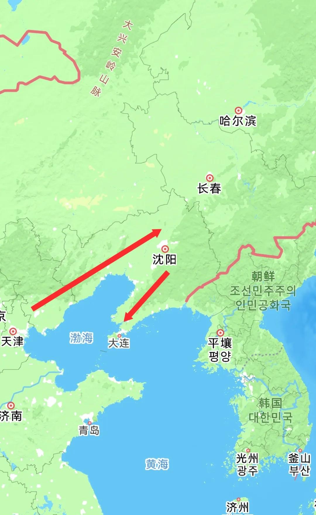 反直觉的是，大连市在沈阳市的西南方向。不看地图，感觉去沈阳要从辽西走廊沿着渤海边