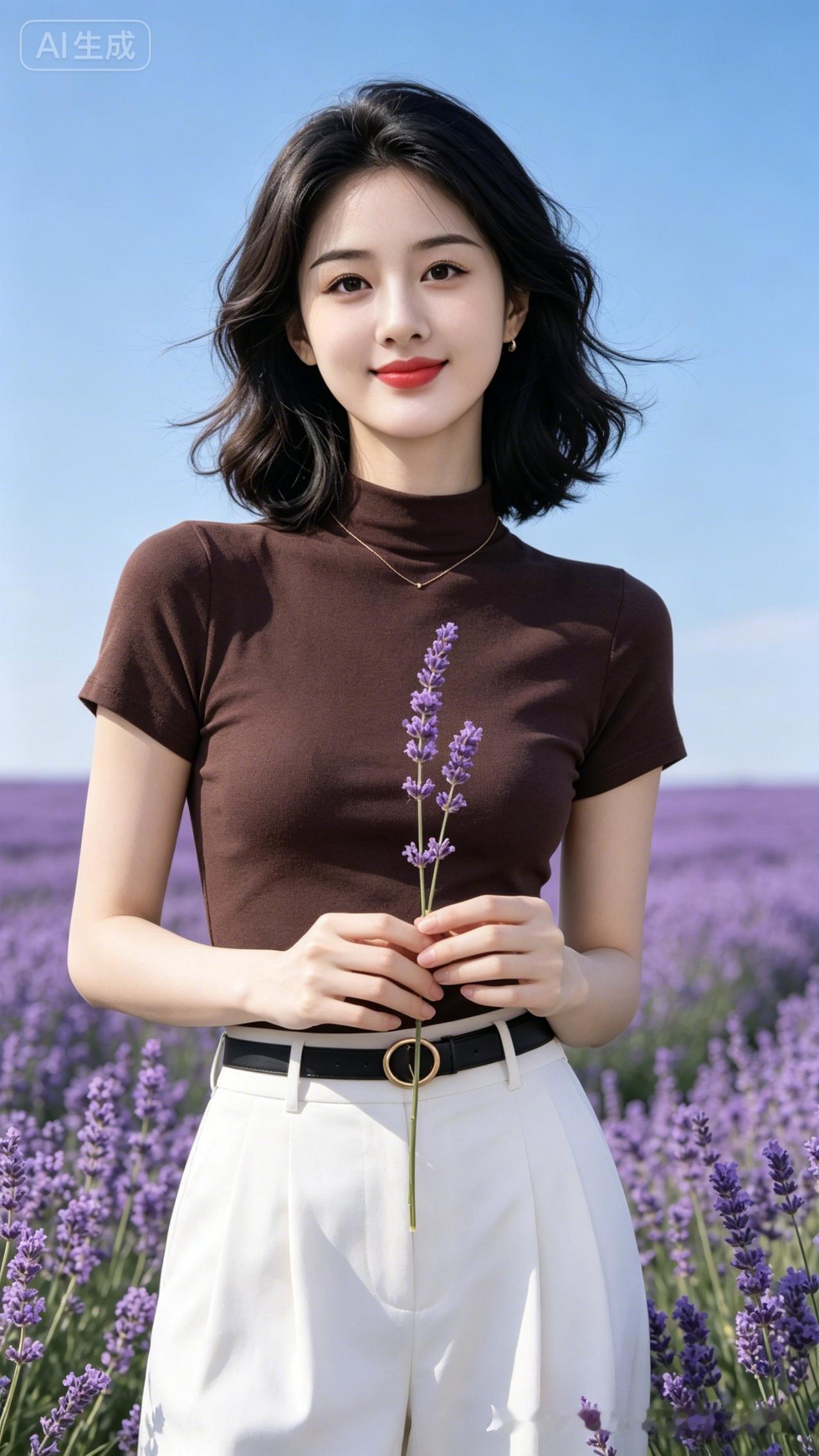 一个女孩站在薰衣草田里，微笑着。