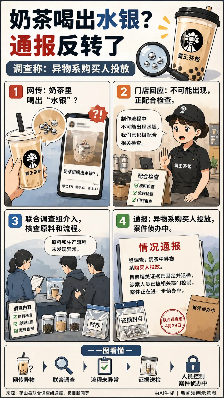 女子称在霸王茶姬喝出水银，当地通报：系购买人投放，涉案人员已被公安机关控制。此