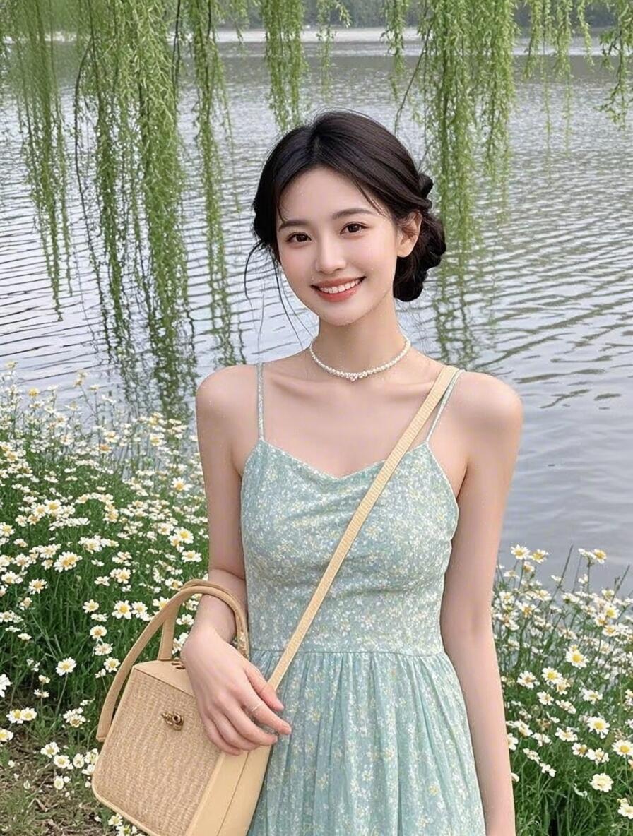 夏日清新穿搭，湖畔漫步，笑靥如花