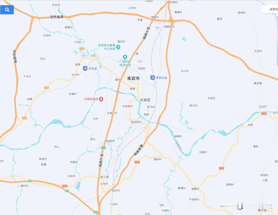 百度地图真的是有点颠了，竟然把百公里开外的G59呼北高速标到来宾市门口，呼北高速
