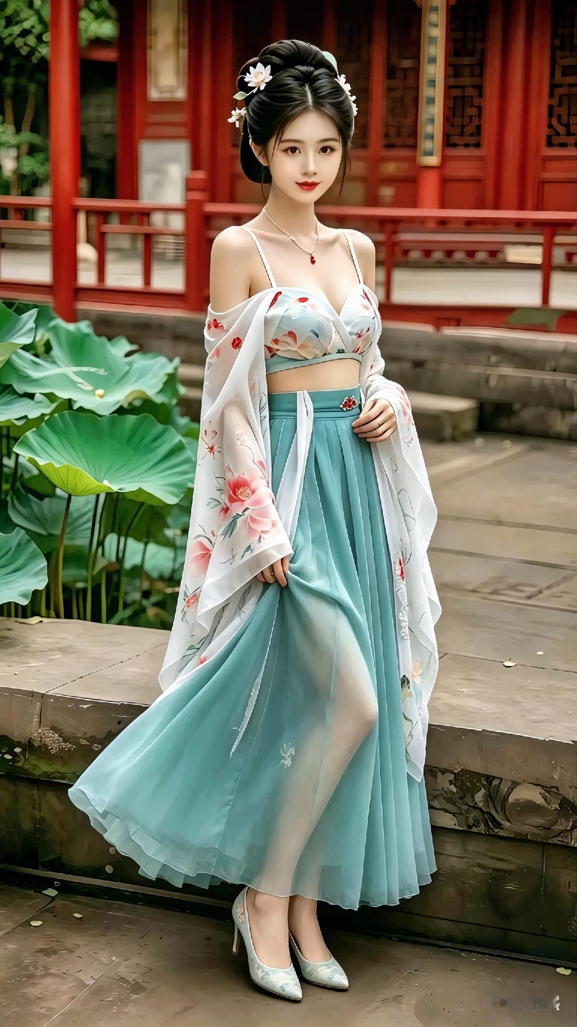 这姑娘穿得真漂亮，像是从古代走出来的。古代女性装穿花裙的姑娘美女古风穿
