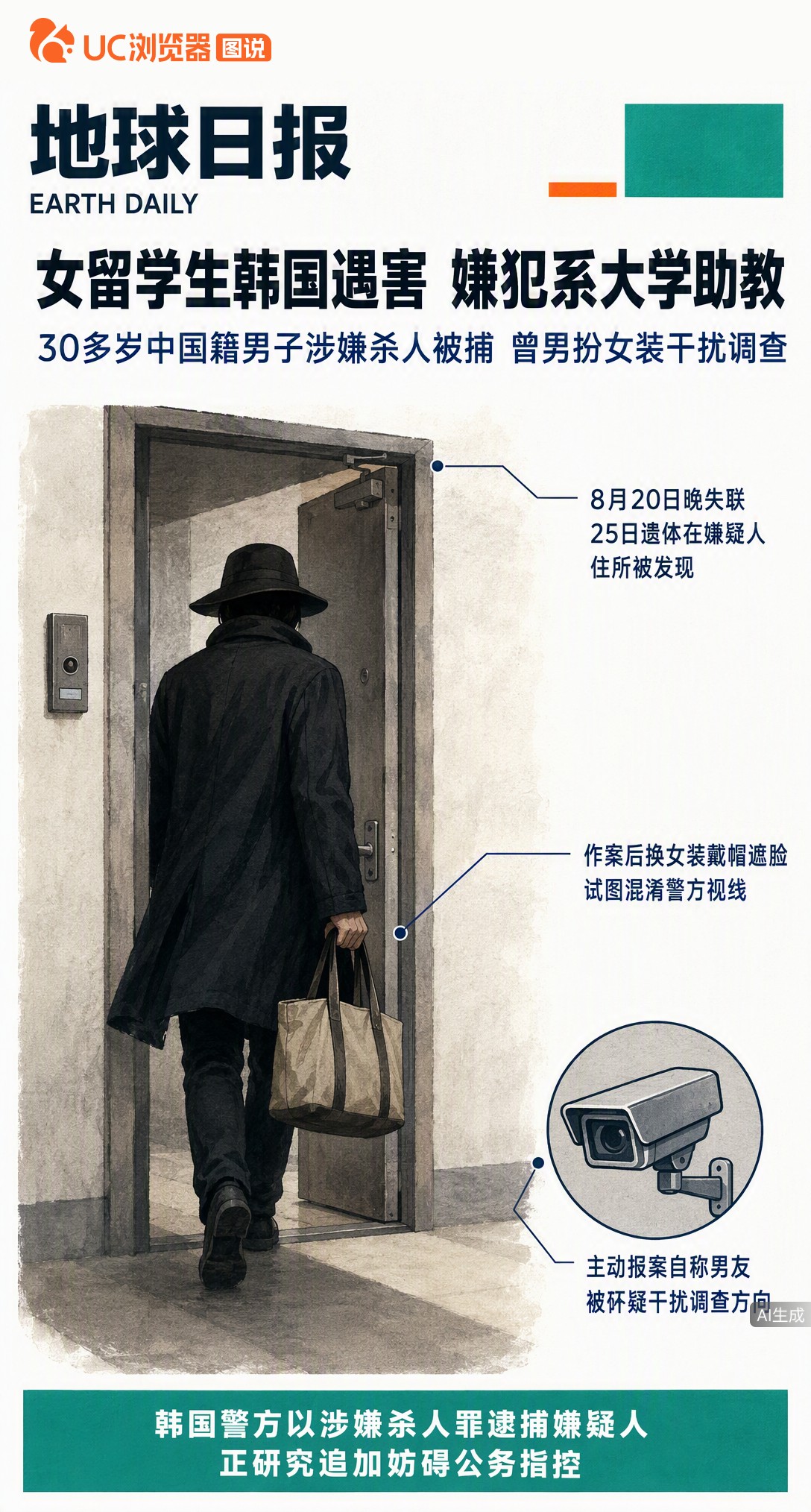 25岁中国女留学生在韩遇害，嫌犯竟是同校助教。他作案后男扮女装混淆视线，还假扮男友报失踪干扰调查。此