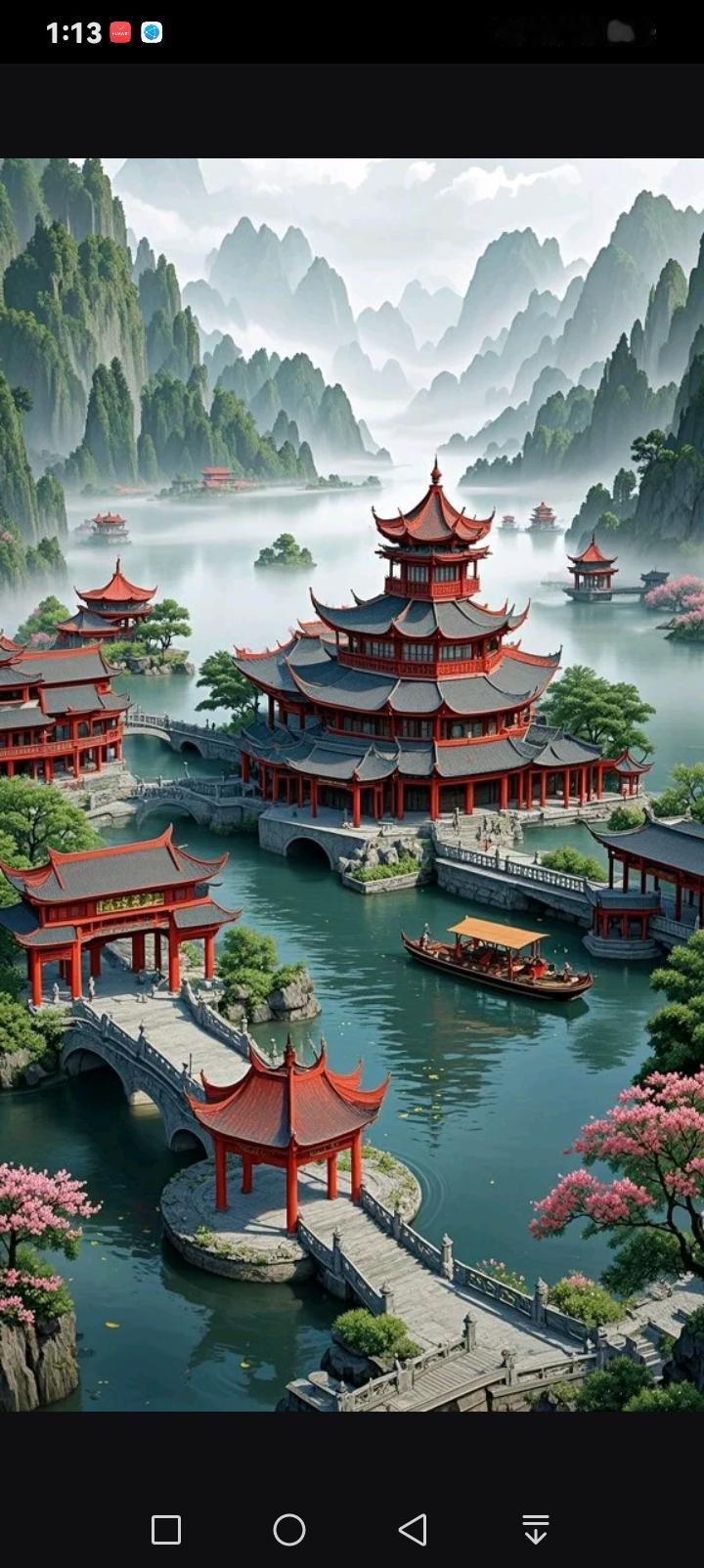 雾绕青峰，水映红亭，黛瓦飞檐的中式楼阁静立碧波之上。石桥婉转连曲径，乌篷船轻摇破