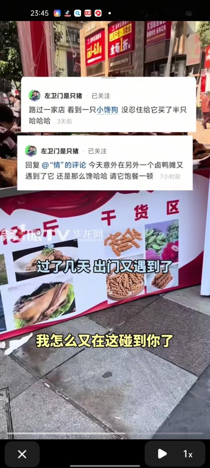 11月17日（事发），重庆。女生看见流浪狗盯着烤鸭摊位不走，就给它买了烤鸭，狗吃