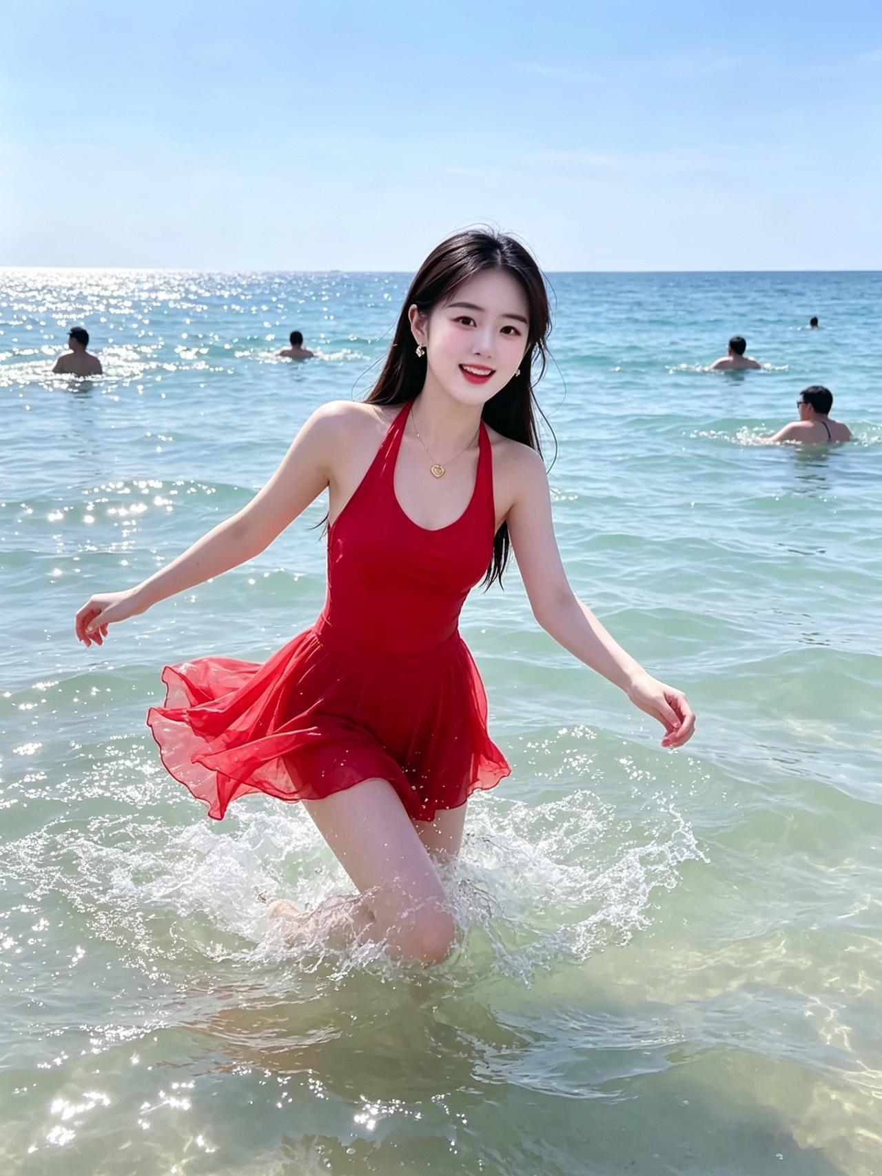 少女身着红色泳衣在浅海嬉水，裙摆随水波摇曳，远处游客零星游泳，阳光铺洒海面泛起粼