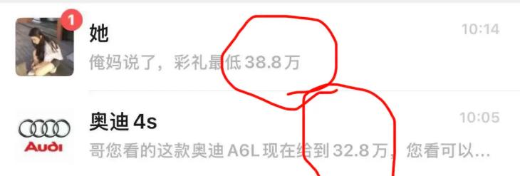 一边女朋友发来消息，彩礼最低38.8万。另一边奥迪4S店报价，A6L