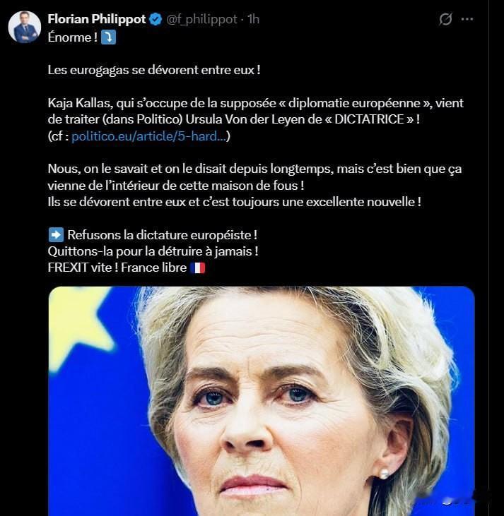 【法国“爱国者”党领袖：卡拉斯与冯德莱恩“开始自相残杀，这永远是好消息”】法