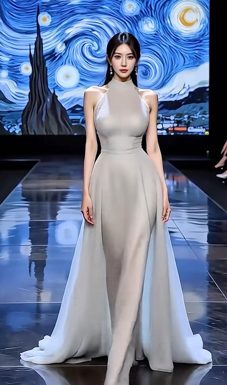 秀场之上，浅杏色礼裙勾勒出优雅轮廓，身后是梵高的星空浪漫，温柔与艺术撞个满怀。