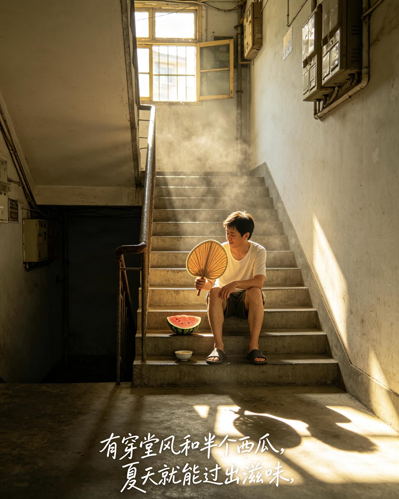 小区电梯坏了，爬楼梯上12楼。爬到5楼，撞见隔壁大爷坐台阶上摇蒲扇。我问：“