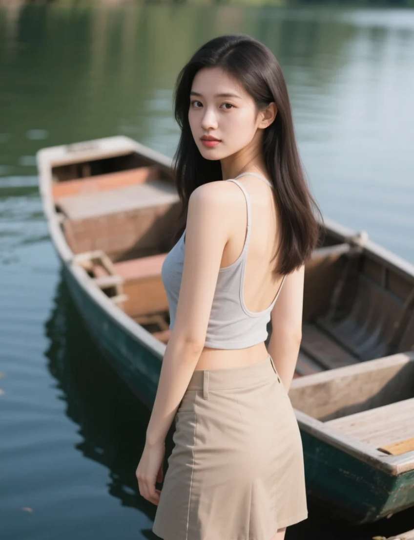 小船边的亚洲美女，优雅迷人如水中仙子