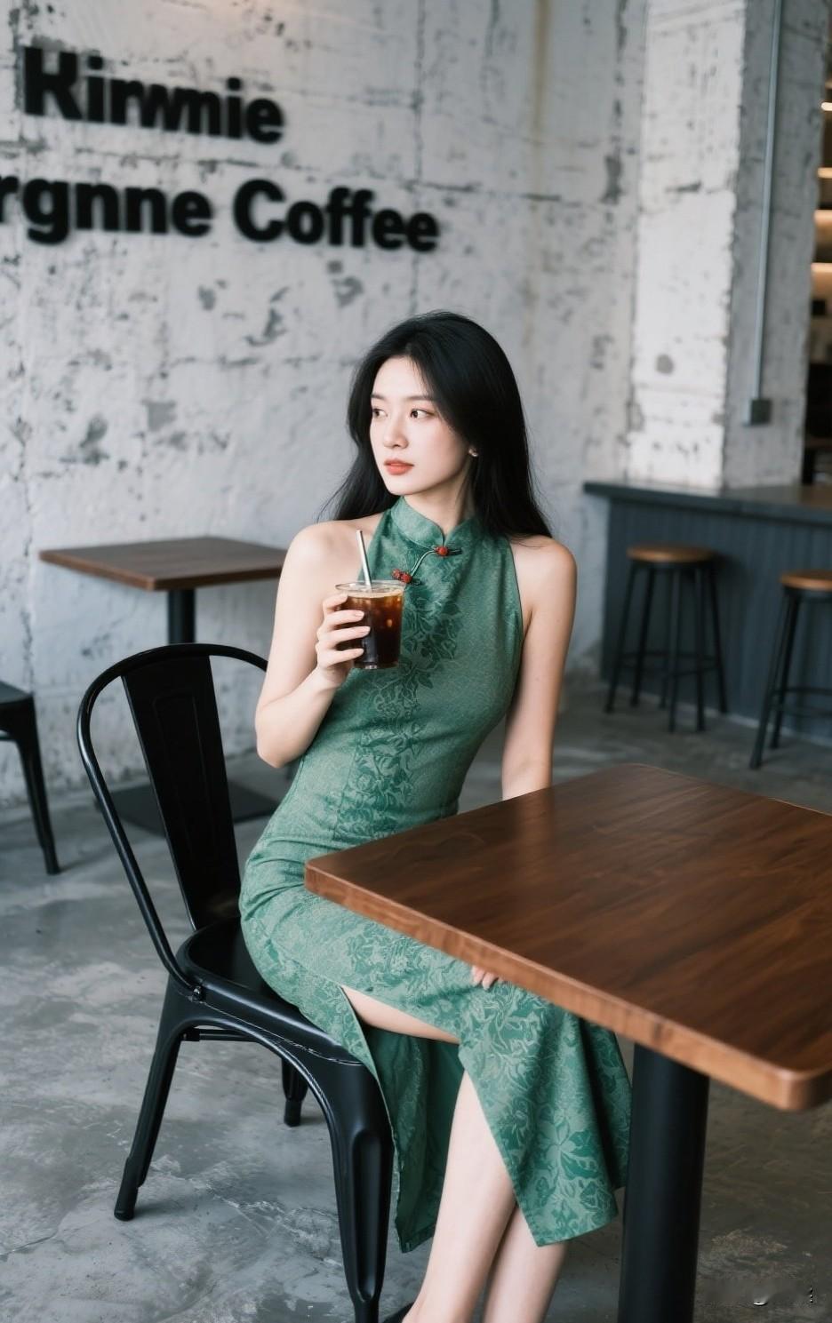 优雅绿裙少女，静享咖啡时光