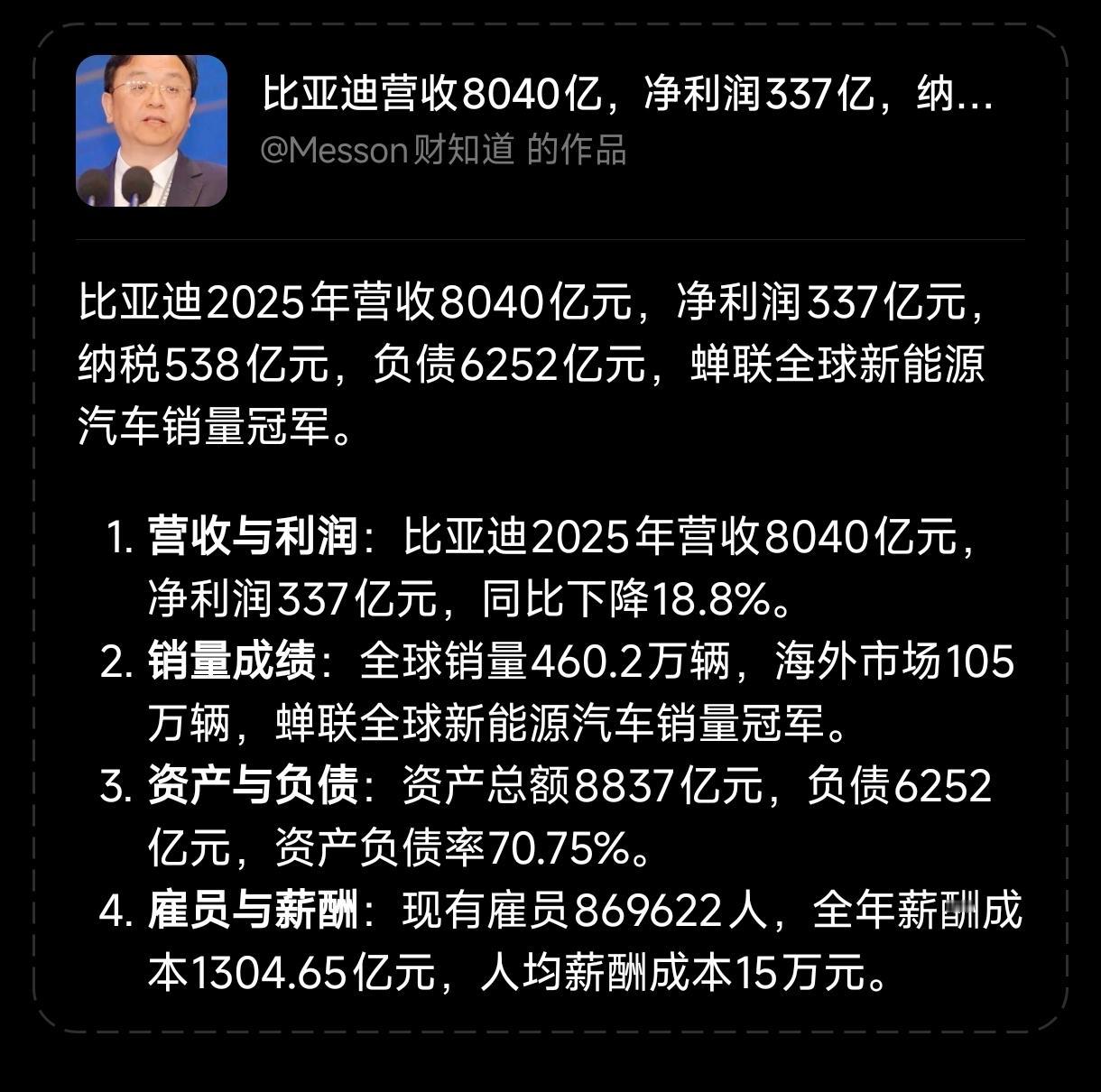 比亚迪和小米谁更牛？比亚迪2025年实现营收8040亿元，净利润337亿元（归母