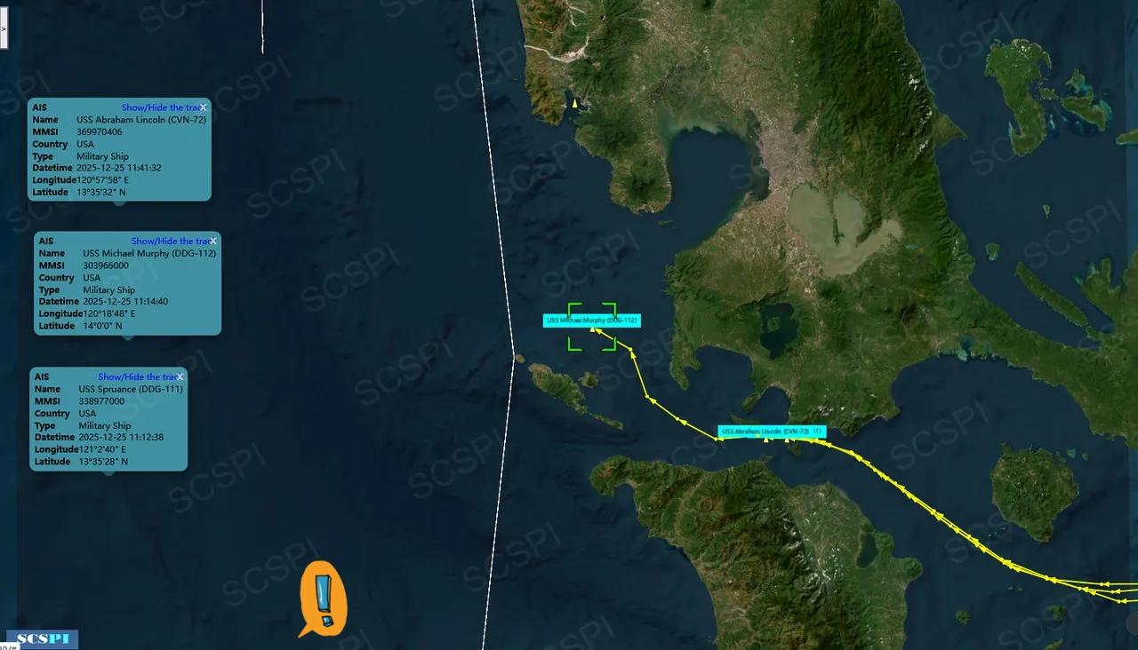 美军林肯号航母打击群进入南海12月25日，美海军“林肯”号航母及其航母打击群