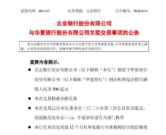 【北京银行：拟授予华夏银行同业机构综合授信额度500亿元】北京银行：拟授予华夏银