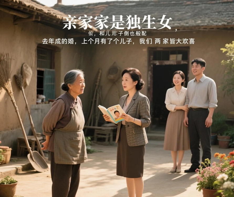 亲家家是独生女，和儿子倒也般配，去年成的婚，上个月有了个儿子，我们两家皆大欢喜。