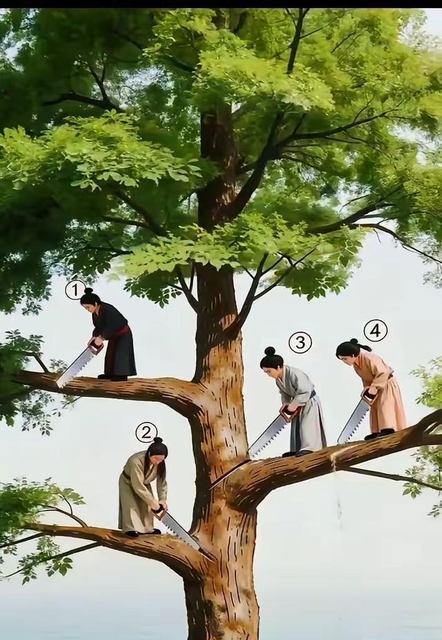 答案就在最下面那个人，他根本就没上树。上面三个挂树上的早晚得掉，只有最下面那