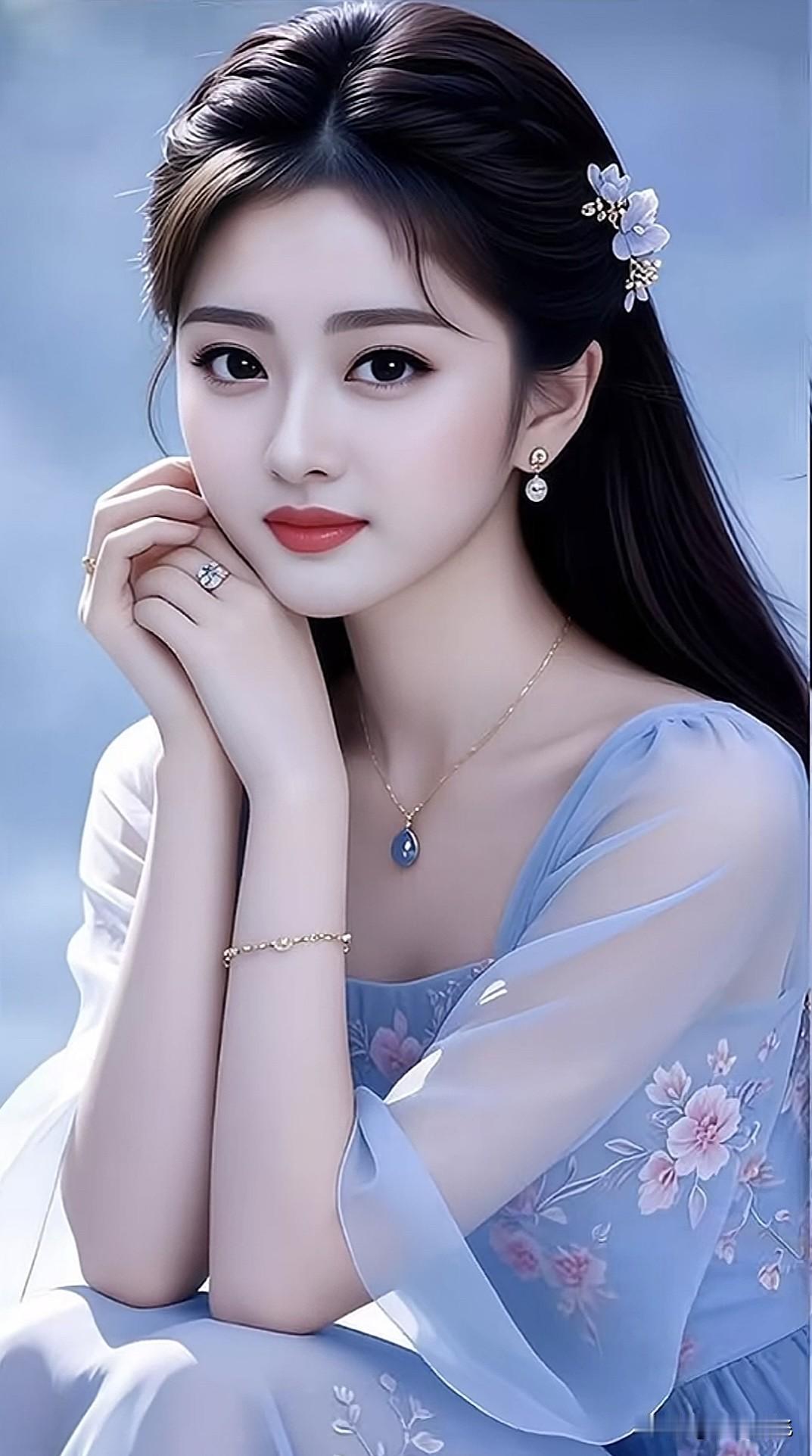 温柔古风美人，蓝衣飘飘，宛如画中仙子古典国风美人清雅仙气美女古典汉服美人清