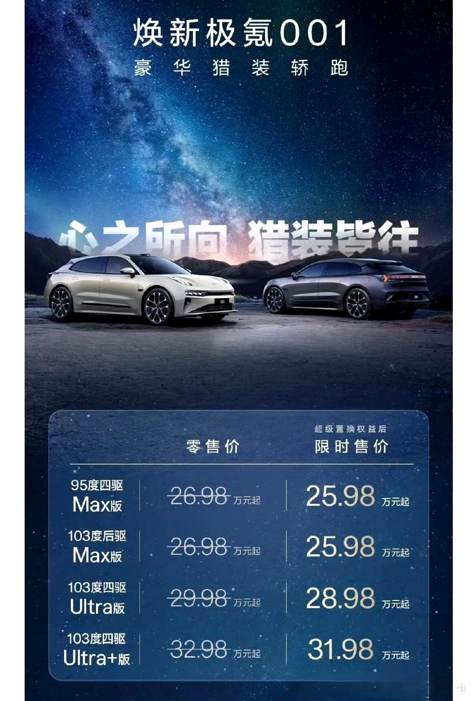 焕新极氪001猎装豪华新标杆极氪001相比25款价格没啥变化，但是配置上升一个