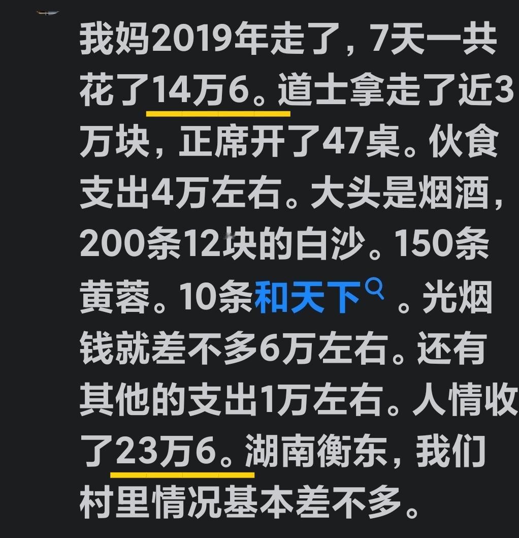 原来湖南这地方的白事，是这么热闹的。七天时间总共花费了14.6万，人情收了23