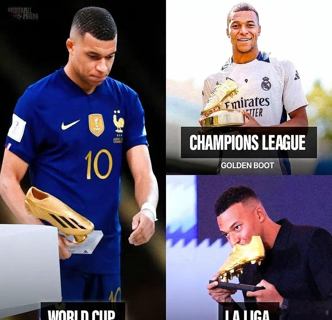 姆巴佩不是在踢球，是在刷副本。世界杯金靴、欧冠金靴、欧国联金靴，全拿齐了。202