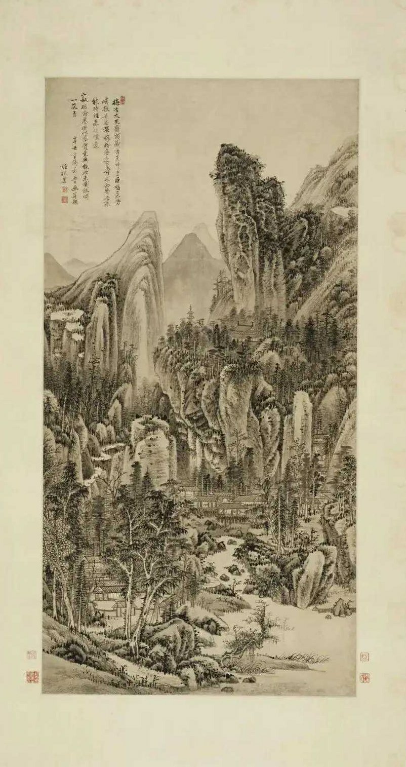 清王昱《仿吴仲圭山水》，镜心 设色纸本113×58cm。王昱，字日初，号东