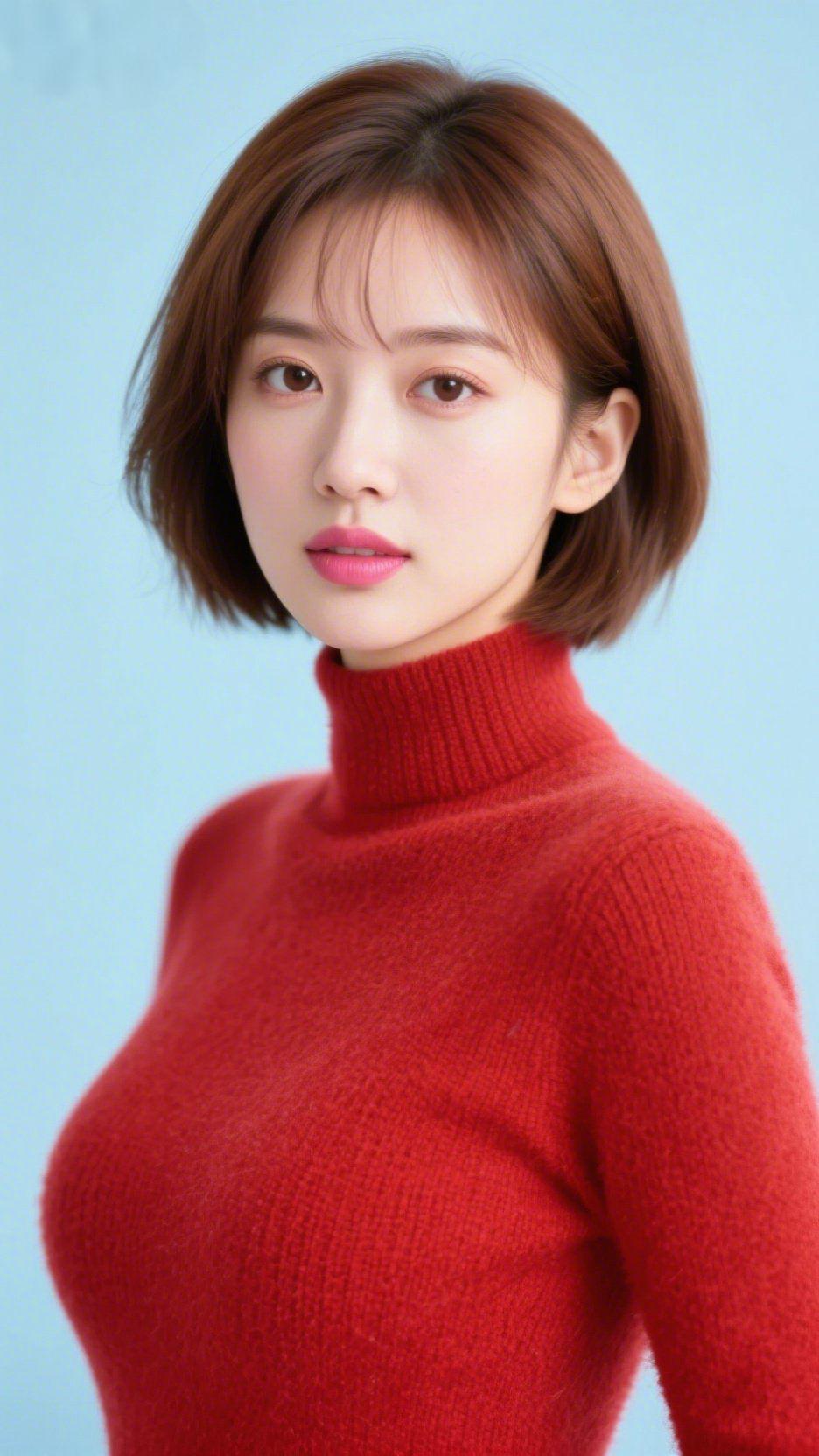 《红绒与晴蓝》浅蓝背景像被揉软的春日晴空，暖红羊绒毛衣裹着舒展的气息，针织