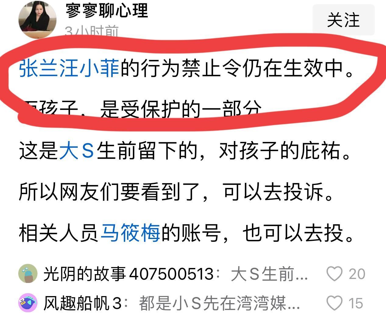 寥寥老师说的这个张兰汪小菲的行为禁令仍在生效中，应该指的是大s二十一告中的其中一