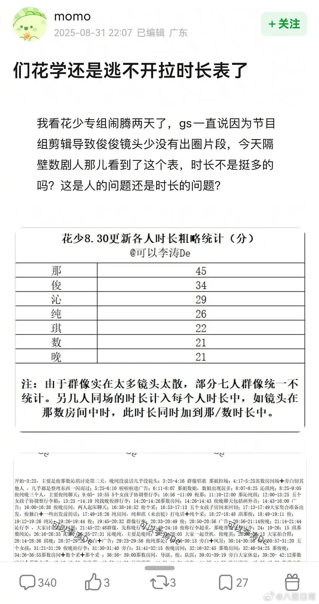 花少7也花学了，开始拉表统计最新一期嘉宾各人时长了。龚俊粉丝说这是假表，实际上龚