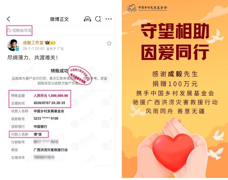 粉随正主，善意会不断传递🌱成毅率先为广西灾情捐款，果果们自发汇聚爱心，就连身边