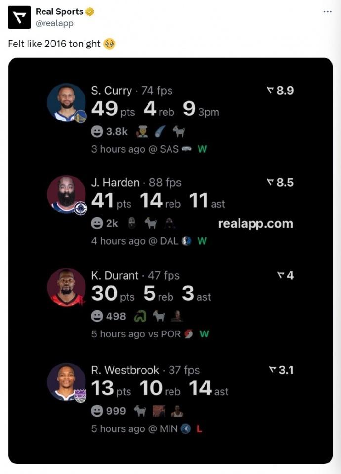 老球迷泪目了！库里：49分4篮板，9个三分哈登：41分14篮板11助攻杜兰