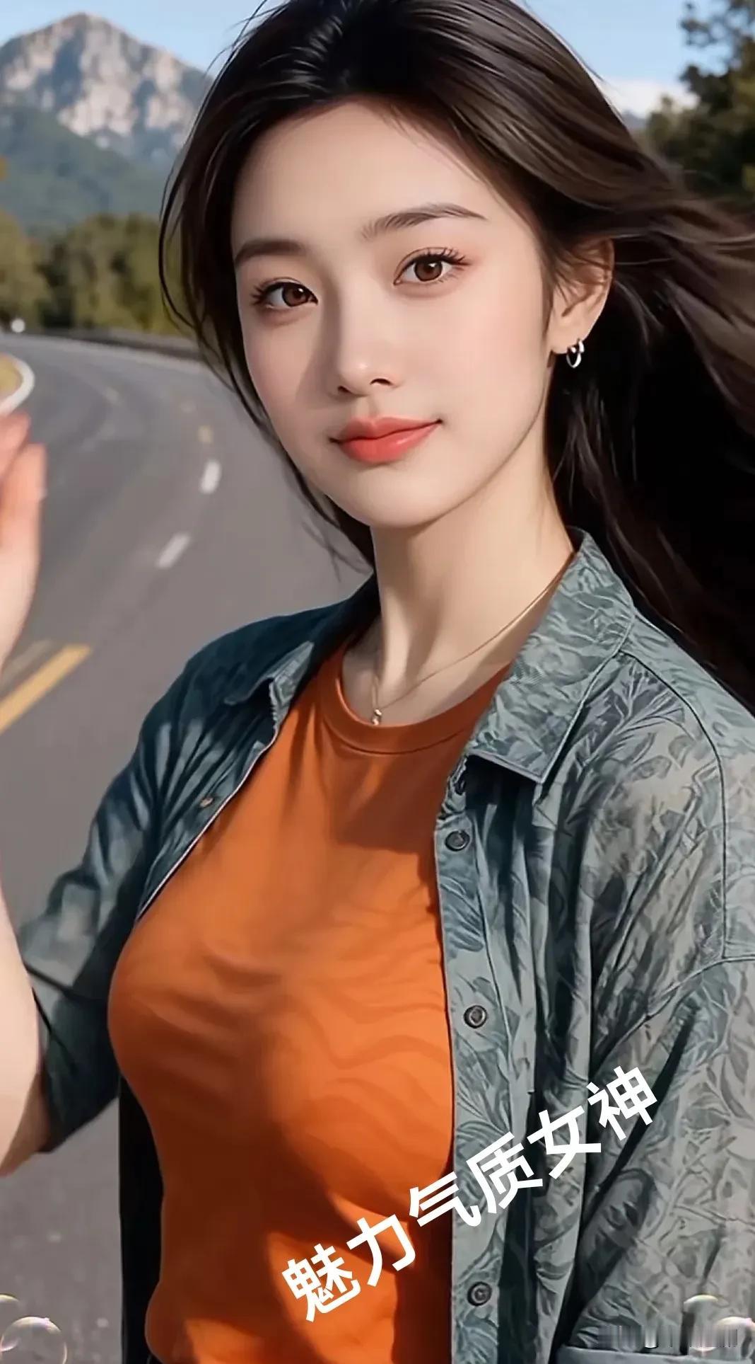 公路蜿蜒向远山，她以橙衣绿衫定格随性洒脱，发丝在风里飞扬，每一处穿搭都写满自在，