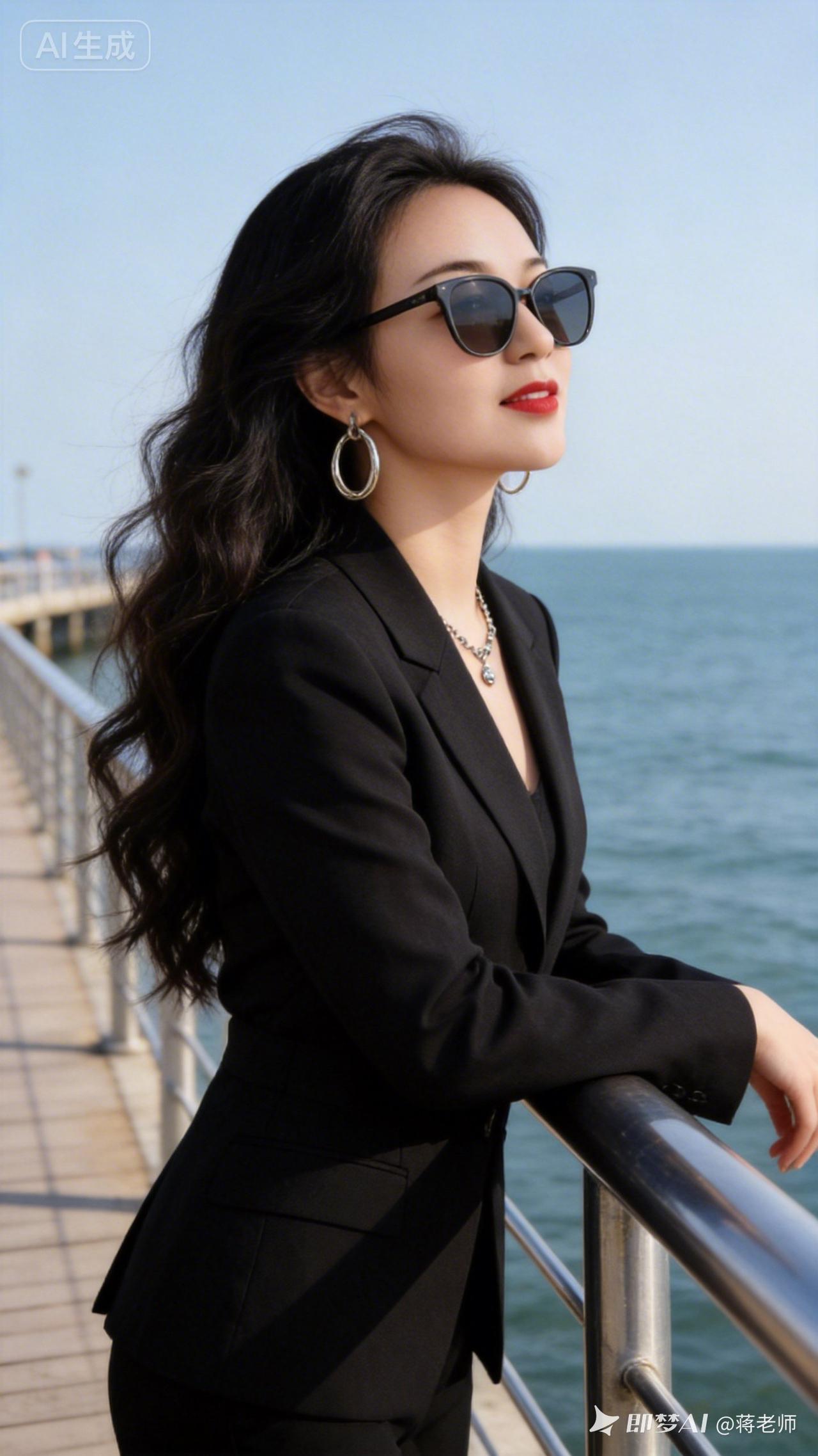 黑西装+墨镜，时尚酷炫，海风吹拂，自由自在。