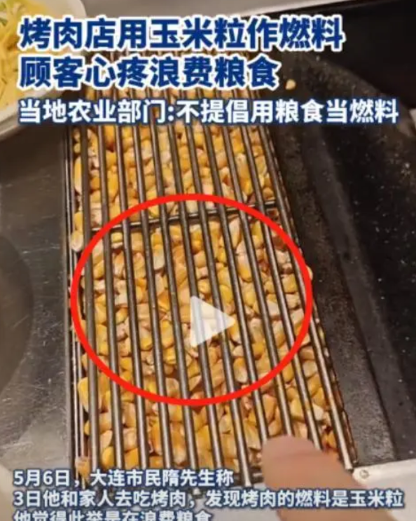 “可耻！赤裸裸地浪费粮食！”辽宁大连一男子带着家人去吃烤肉，发现烤肉用的不是炭，