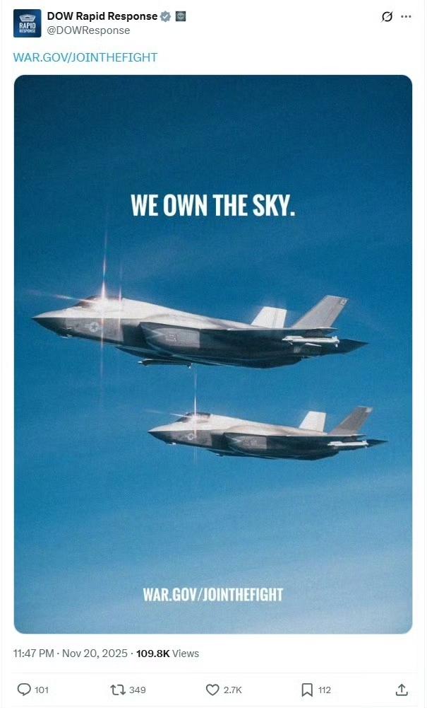 美国国防部发了张F-35的照片，然后配文“我们主宰天空”。何止天空，还主宰海