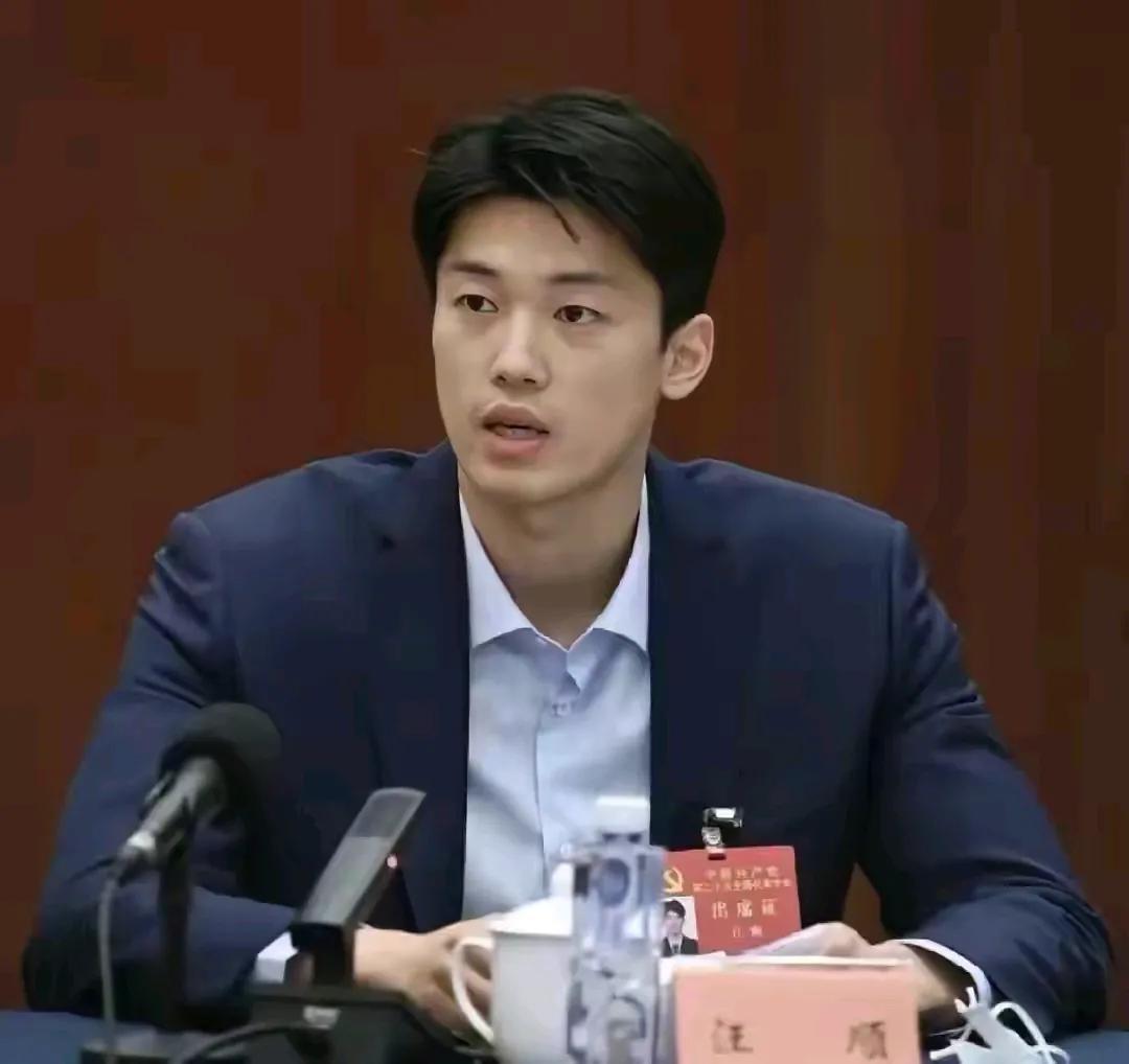 汪顺穿上正装那妥妥的干部范十足呀，这哪象那个在游泳池里的大帅哥汪顺，反差也太大了