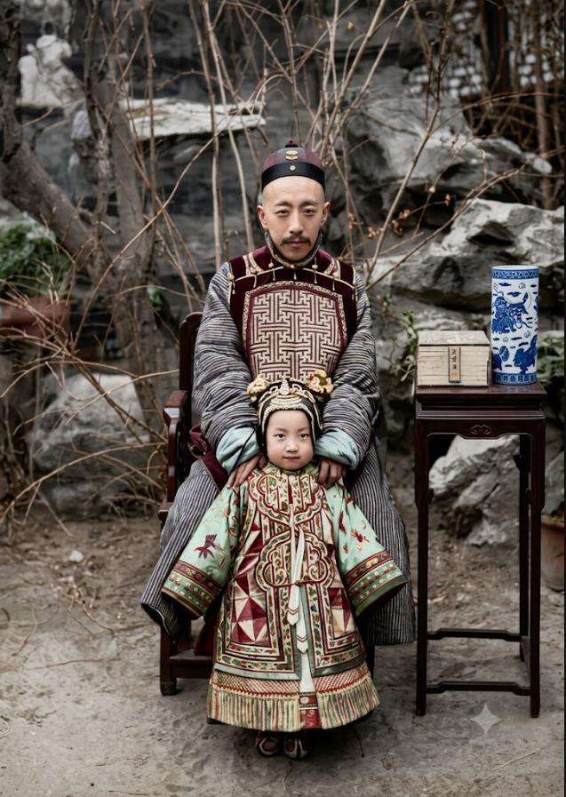 晚清，私家园林里的父子留影，父亲端坐椅上，双手轻轻环护着身前幼子，眉眼温和平顺。