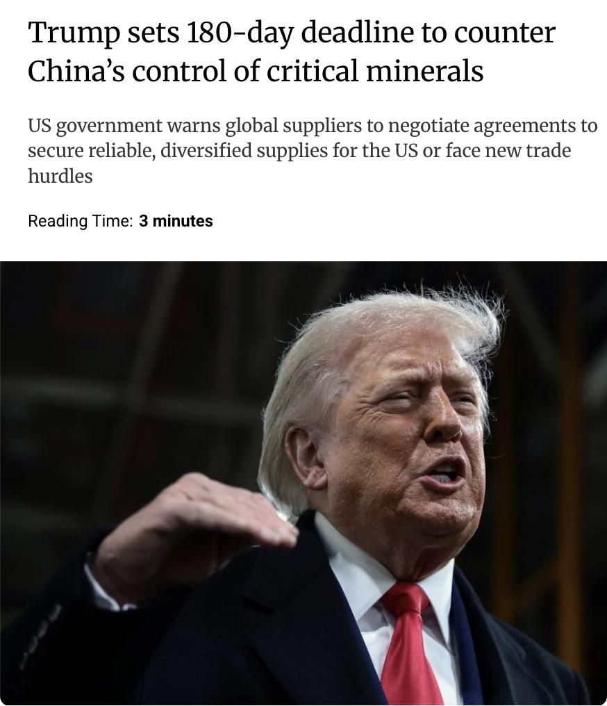 外媒：美国特朗普政府设定180天期限以应对中国在关键矿产领域的主导地位。特朗