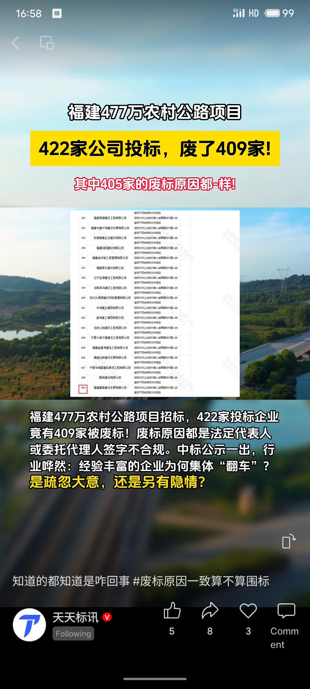 福建一477万农村公路项目招标中，422家投标企业有409家因法定代表人或代理人