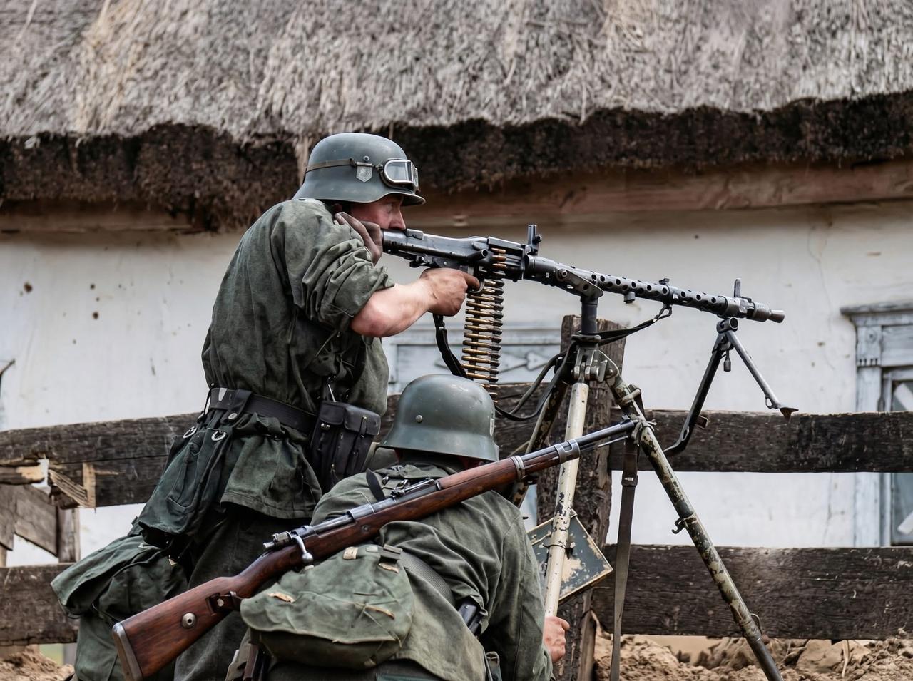 1941年巴巴罗萨行动期间，德军MG34机枪组正在战斗中！该名机枪手佩戴的护