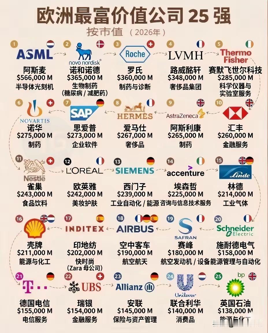 “欧洲最富价值公司25强（按市值2026年）”。截至2026年欧洲市值排名