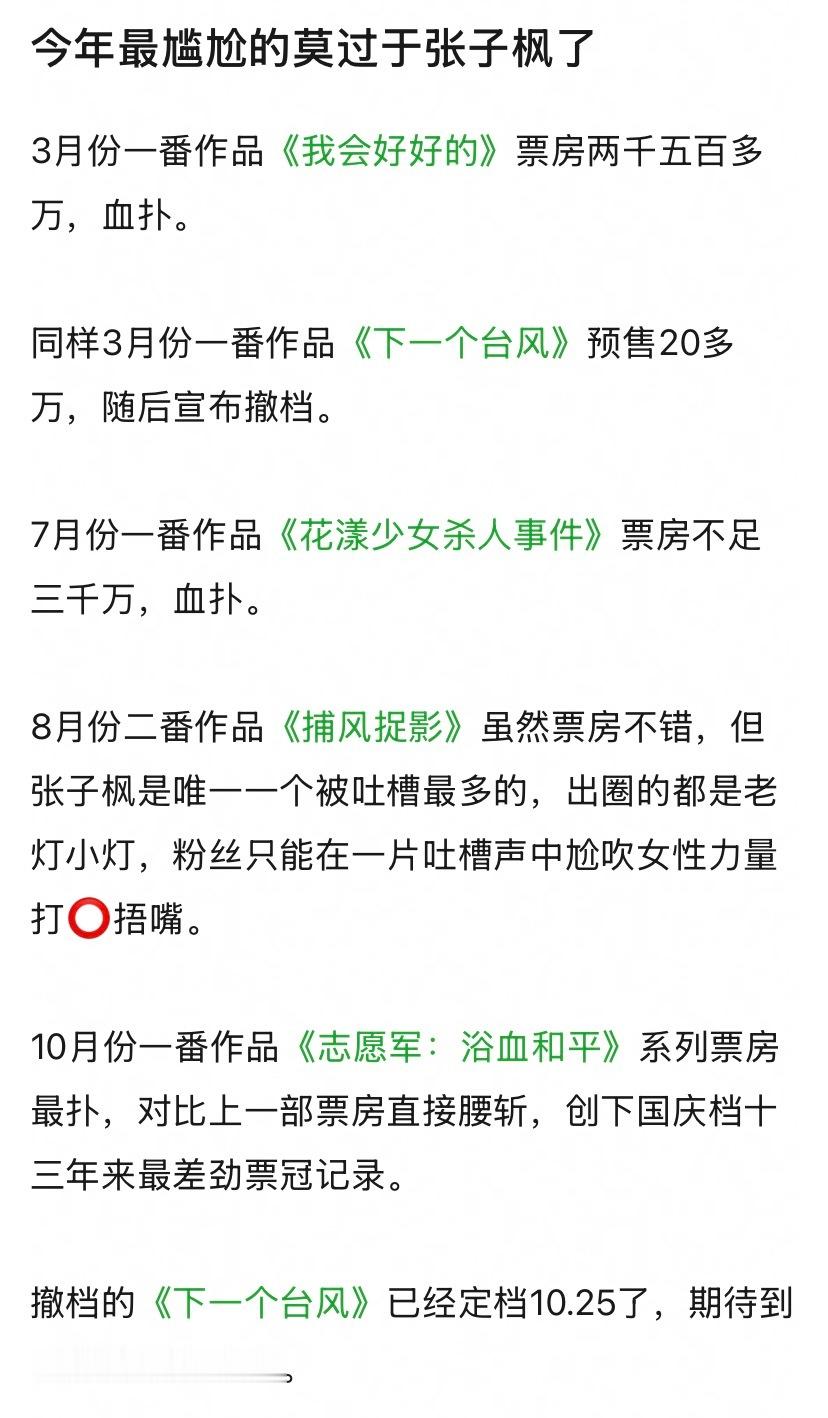 张子枫今年上映这么多部电影，除了不是一番的《捕风捉影》，其他影片票房全不理想。
