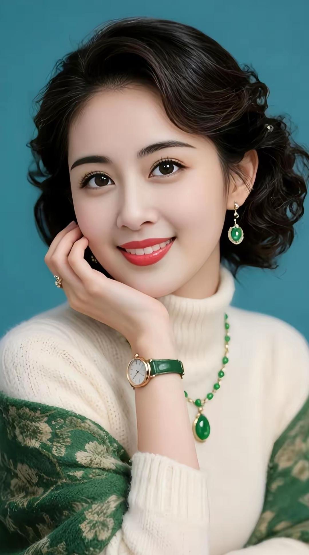 优雅复古风，绿宝石项链搭配复古耳环，完美演绎经典魅力。高雅气质美女美女人像群