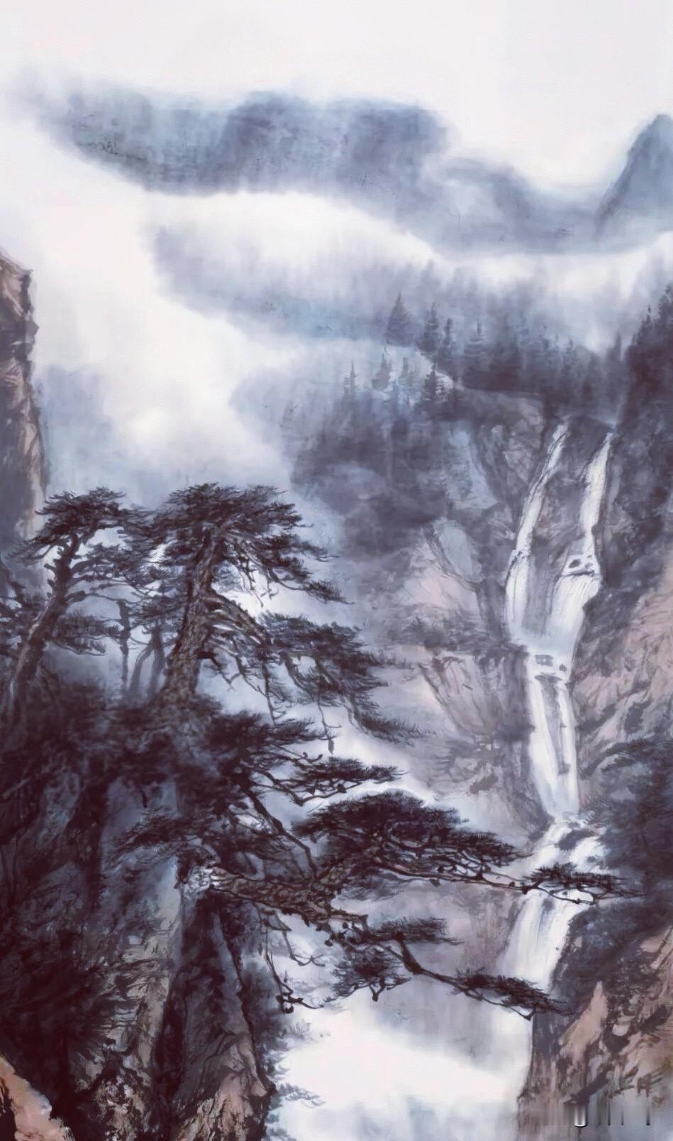 雾锁深崖看不真，苍松坚守雨中春。悬泉自向人间落，洗尽尘心是此身。[