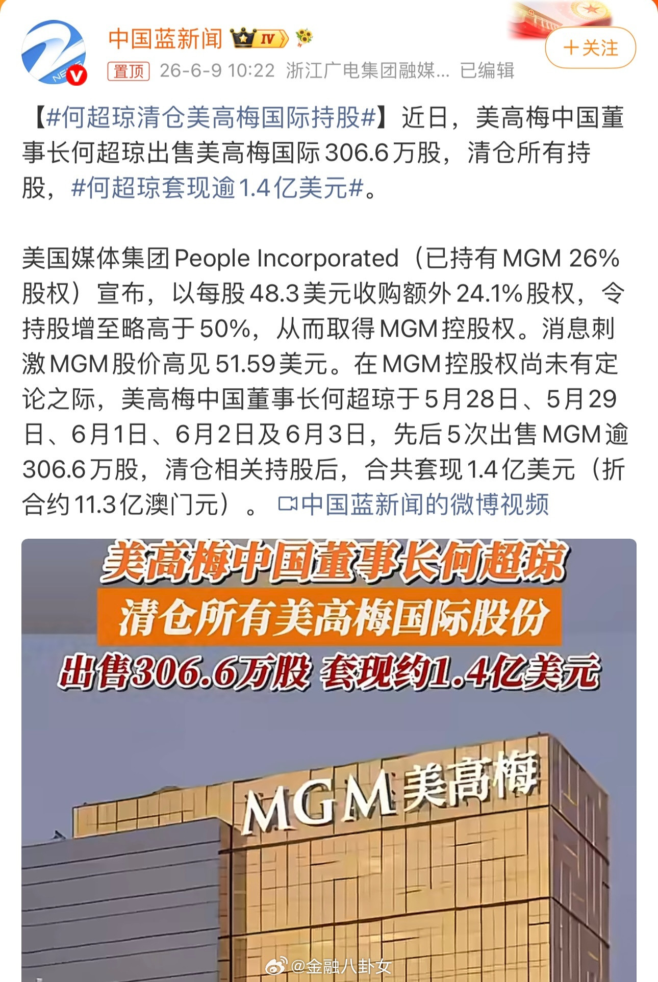 何超琼套现逾1.4亿美元高梅中国董事长何超琼出售美高梅国际306.6万股，清仓所