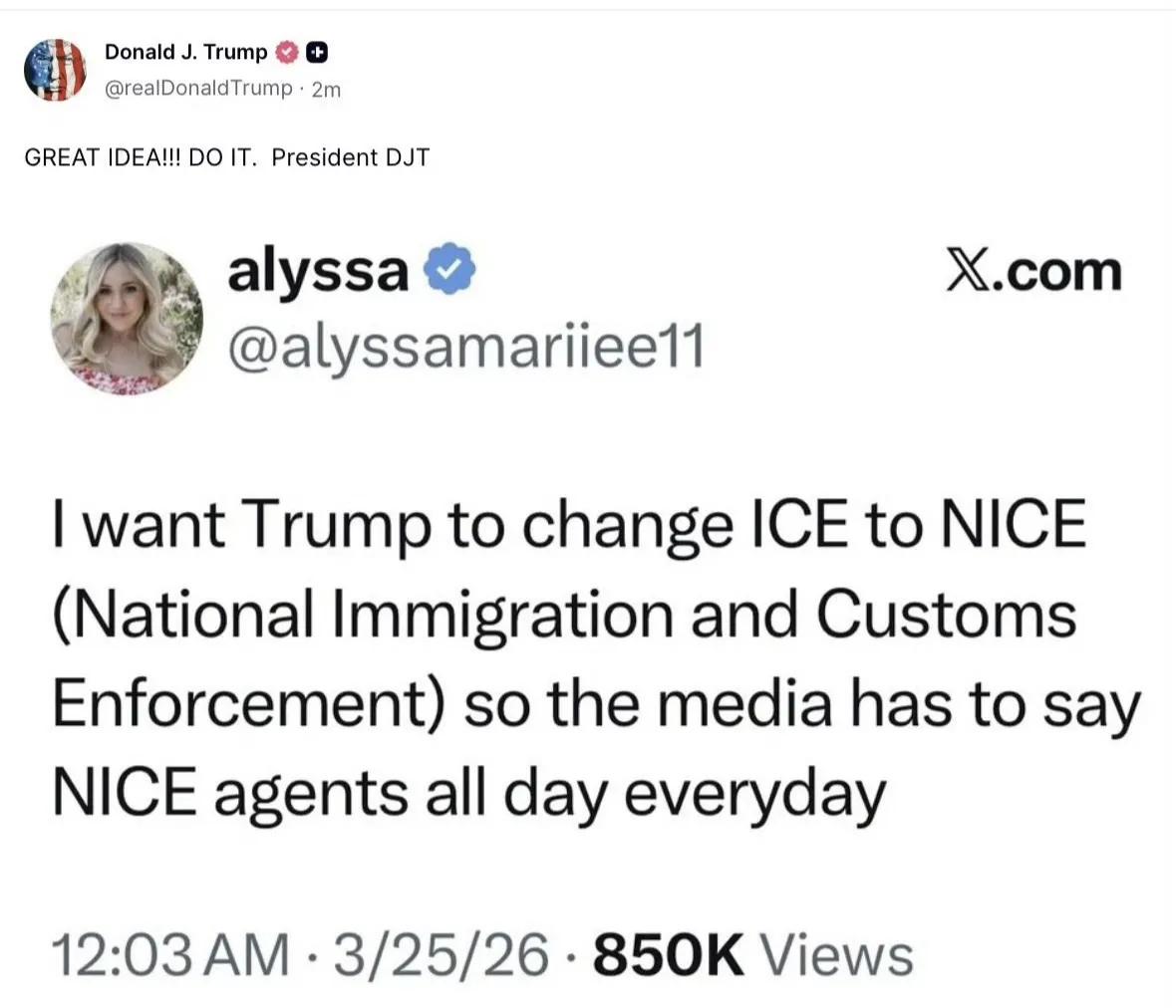 懂王在“真实社交”上转发帖子，表示他赞同将美国“移民与海关执法局”更名为“国家移