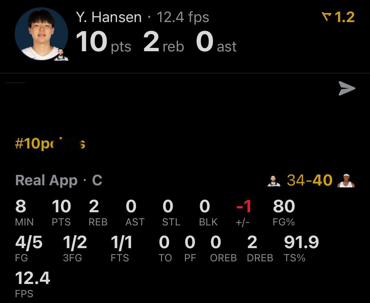 NBA杨瀚森-我的评分：杨瀚森今天好棒！！！今天5中4砍下10分2板，值得一提