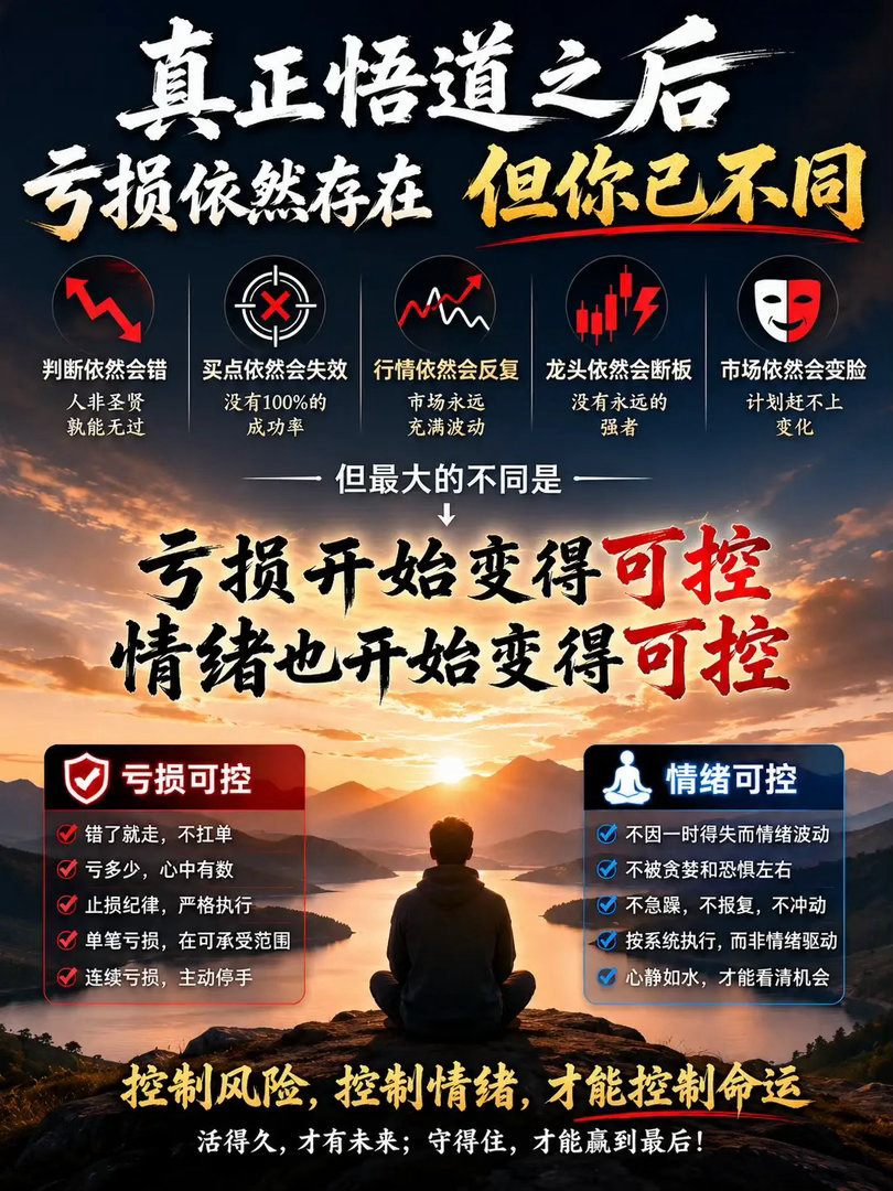 真正悟道之后，亏损依然存在。判断依然会错。买点依然会失效。行情依然会反复。龙头依
