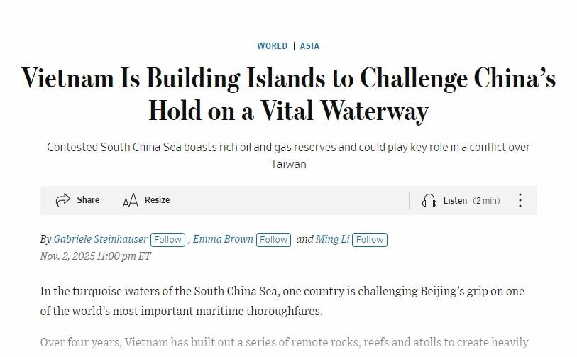 【美媒：越南在南海兴建21座人工岛挑战中国航道控制权】美《华尔街日报》11月3日
