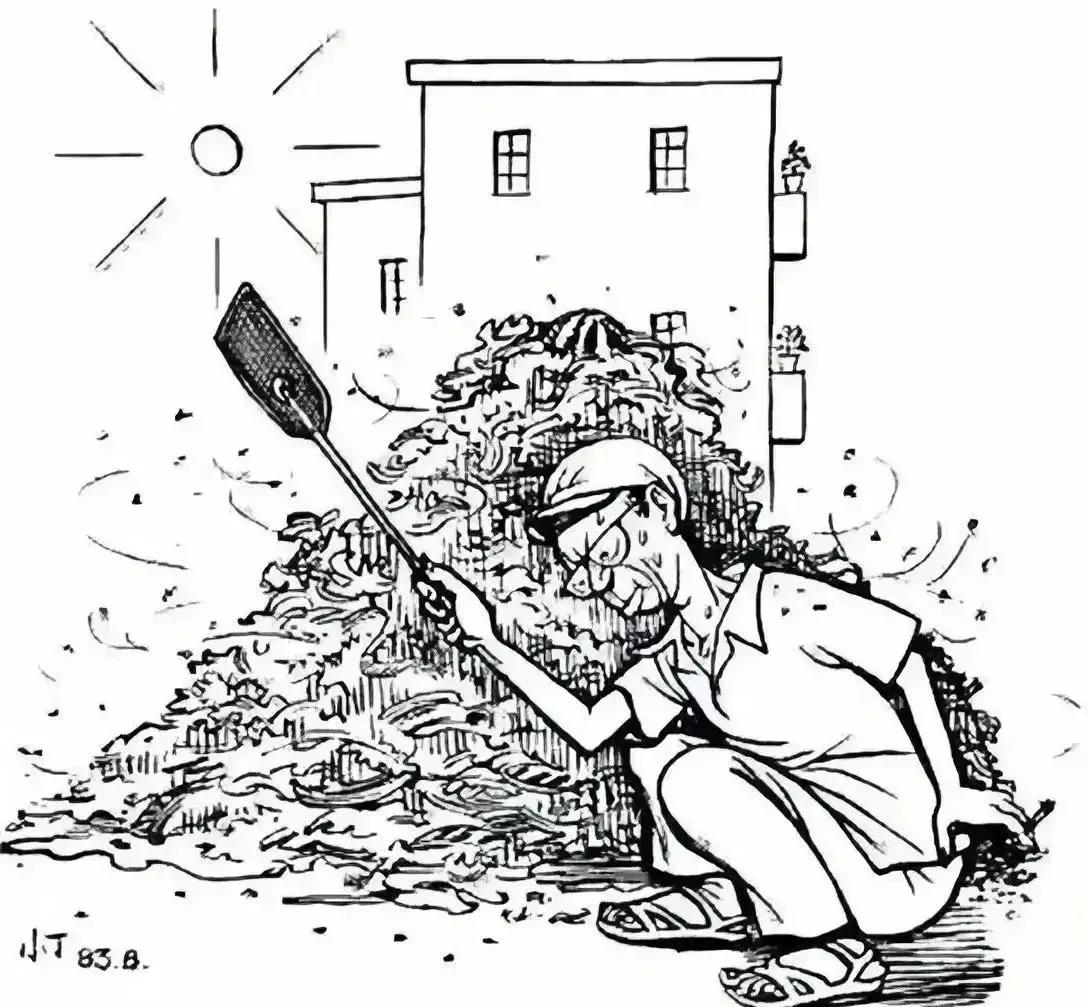 《守着垃圾堆打苍蝇》这幅漫画是中国著名漫画家丁聪1983年的讽刺作